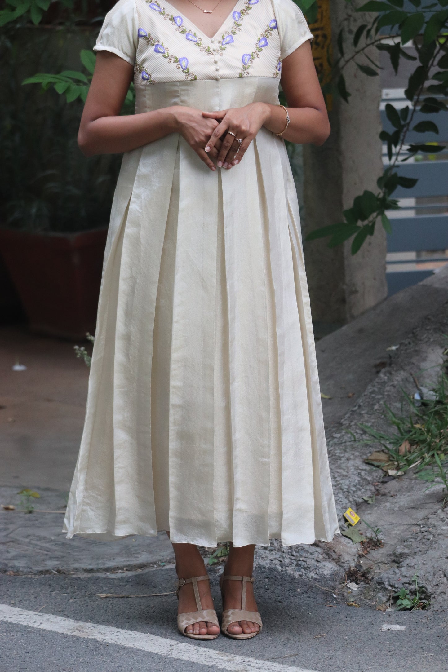 Shankupushpam - Floral embroidered box pleated dress