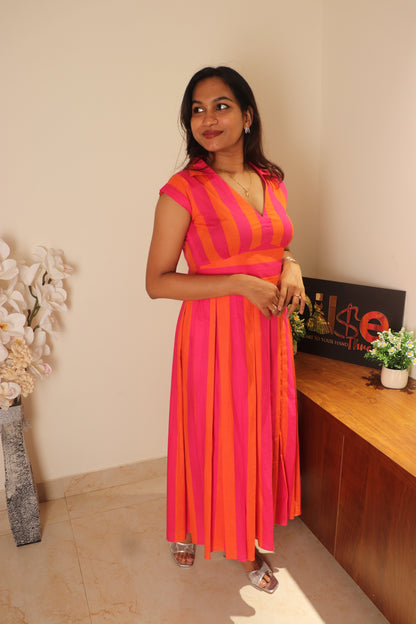 Yara – Pink & Orange Striped Cotton Dress