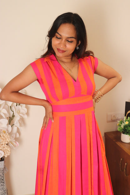 Yara – Pink & Orange Striped Cotton Dress