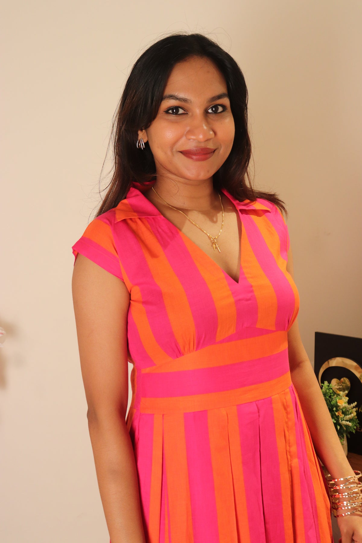 Yara – Pink & Orange Striped Cotton Dress