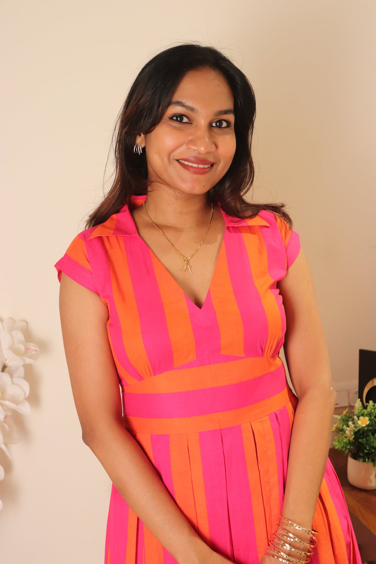 Yara – Pink & Orange Striped Cotton Dress