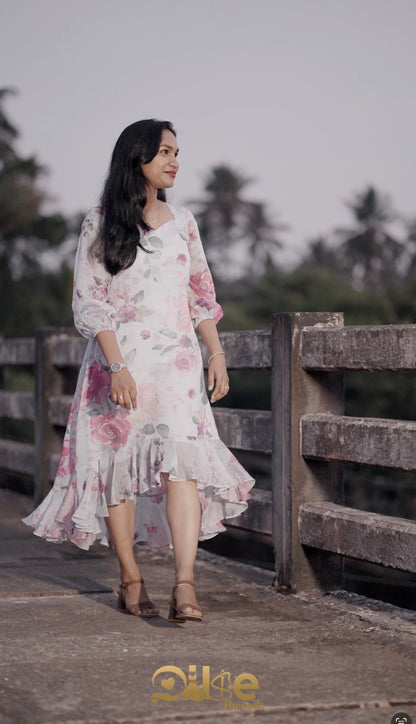 Blushbloom in light blue with pink floral prints - detail view