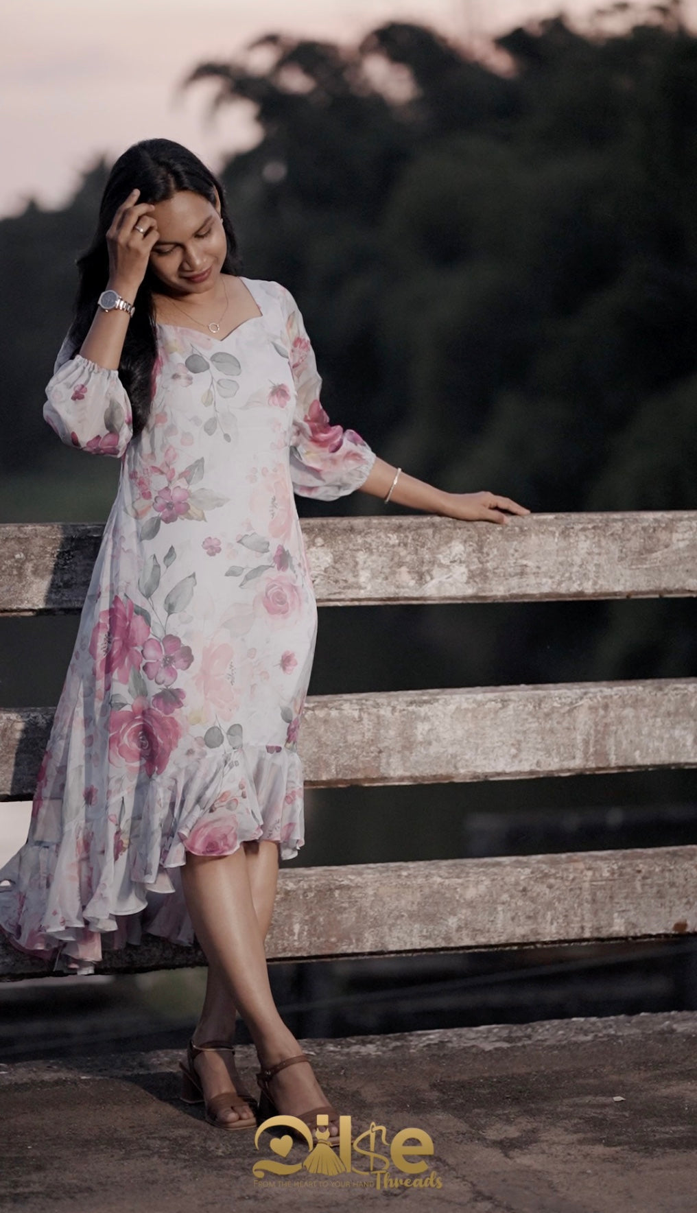 Blushbloom light blue with pink floral prints aline frock with high low pattern with floral print - front view