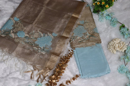 Light Blue & Gold Embroidery Crushed Tissue Unstitched Churidhar Material