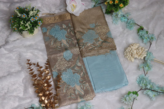 Light Blue & Gold Embroidery Crushed Tissue Unstitched Churidhar Material
