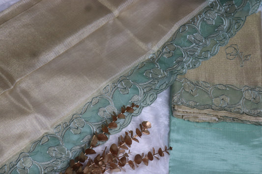 Aqua Green and Gold Applique Work Unstitched Churidhar Material