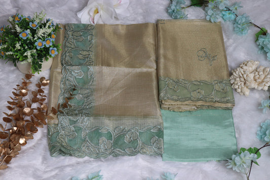 Aqua Green and Gold Applique Work Unstitched Churidhar Material