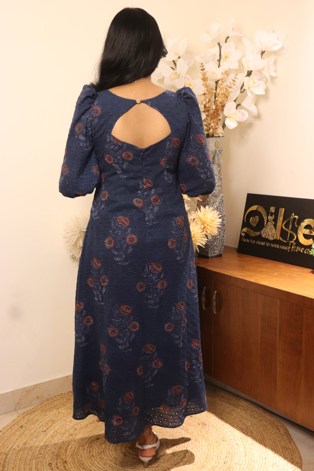Indiraa kurti back view showing open keyhole back design and hakoba block print in navy blue