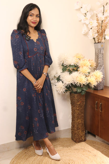 Indiraa navy blue hakoba block print kurti with puff sleeves and gathered design standing indoors
