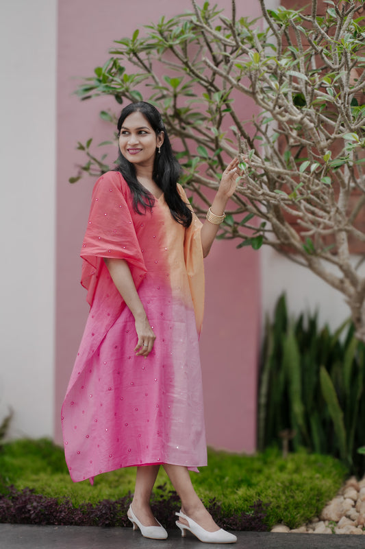 Aarza chanderi multicolor kaftan with mirror work and curved V neck in peach and pink hues
