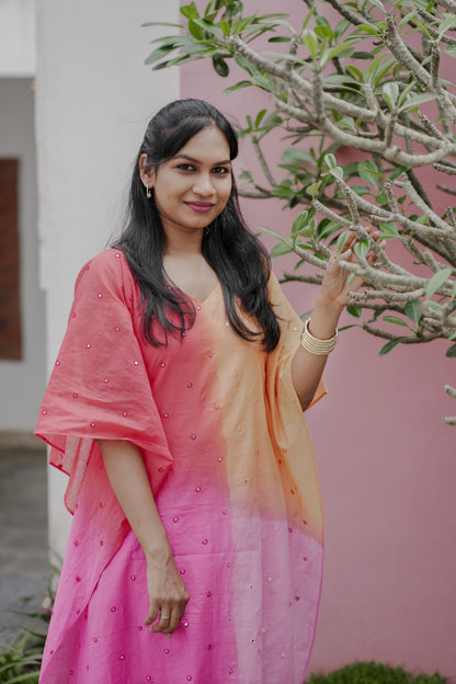 Aarza chanderi multicolor kaftan with mirror work and curved V neck in peach and pink hues