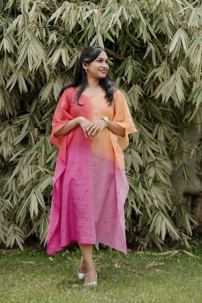 Aarza chanderi multicolor kaftan with mirror work and curved V neck in peach and pink hues