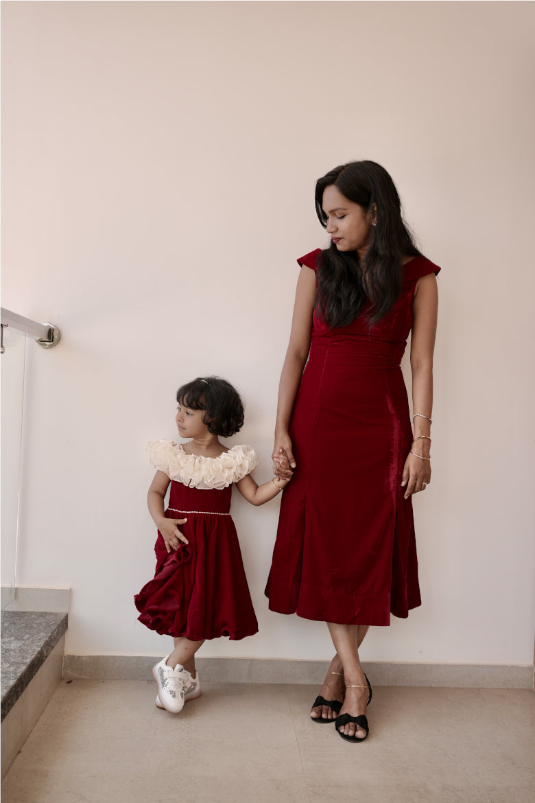 Mini and Me Velvet Hugs matching mom and daughter red velvet outfit set - front view