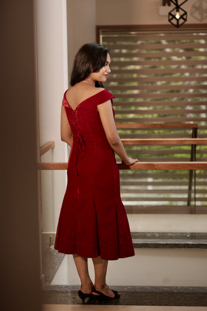 Mini and Me Velvet Hugs full-length styled view of matching red velvet set