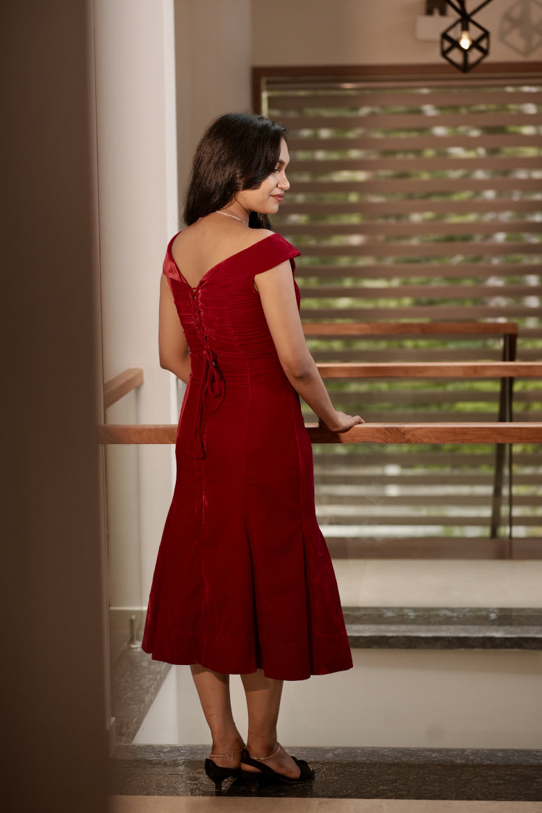 Mini and Me Velvet Hugs full-length styled view of matching red velvet set