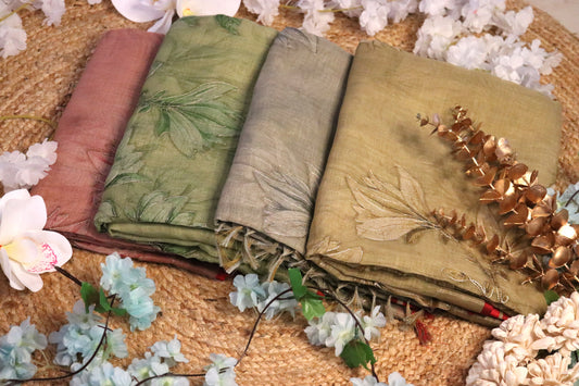 Tissue Linen Saree with Zari Embroidery All Over