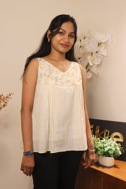 Ivoree off-white cotton short top with pastel color embroidered yoke and v neck