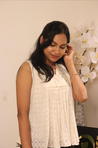Noella off-white hakoba short top with pastel color embroidered yoke and v neck