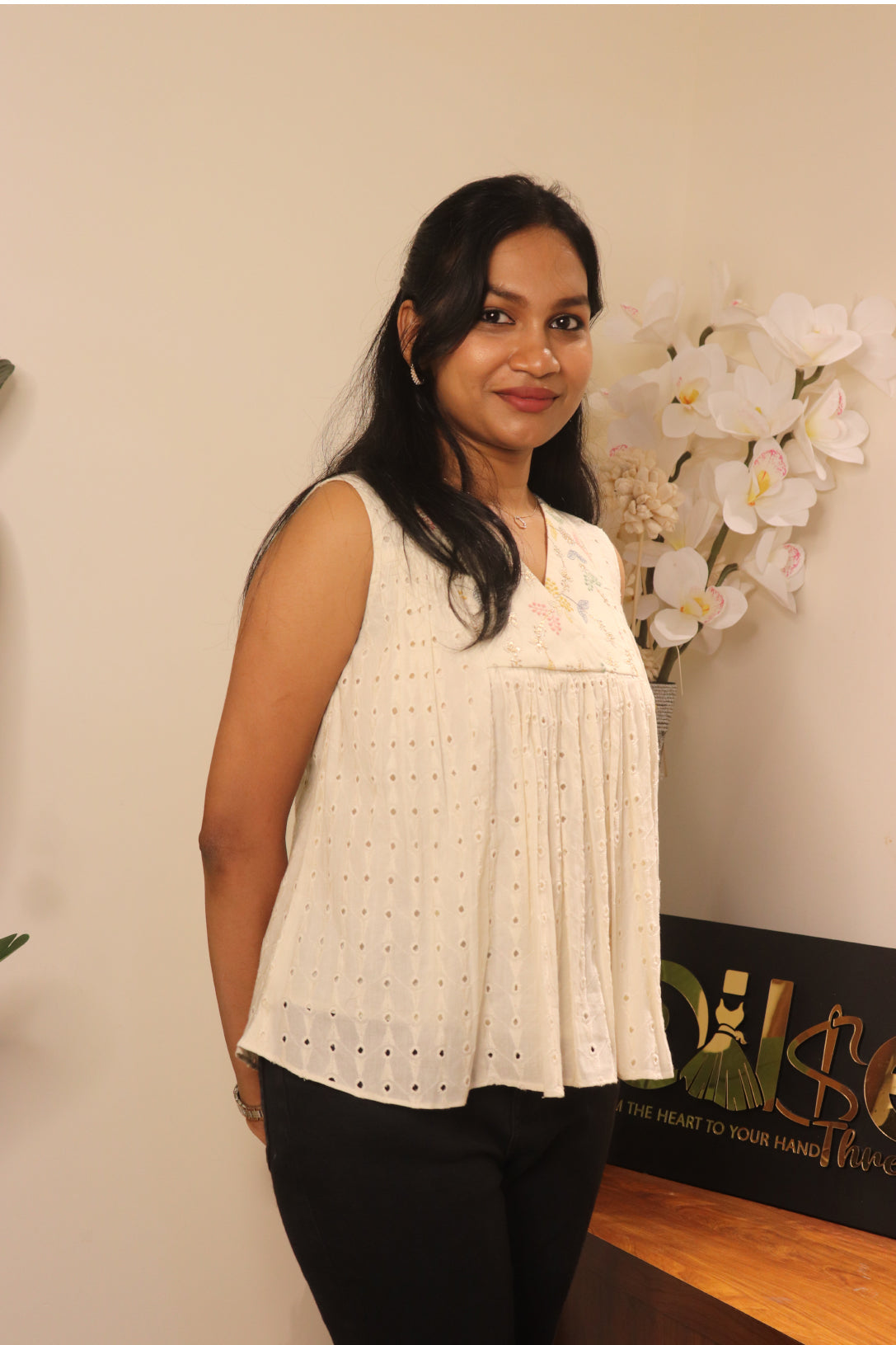 Noella off-white hakoba short top with pastel color embroidered yoke and v neck