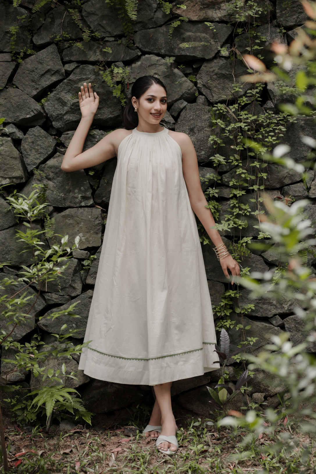 Selin back view showing gathered aline dress construction